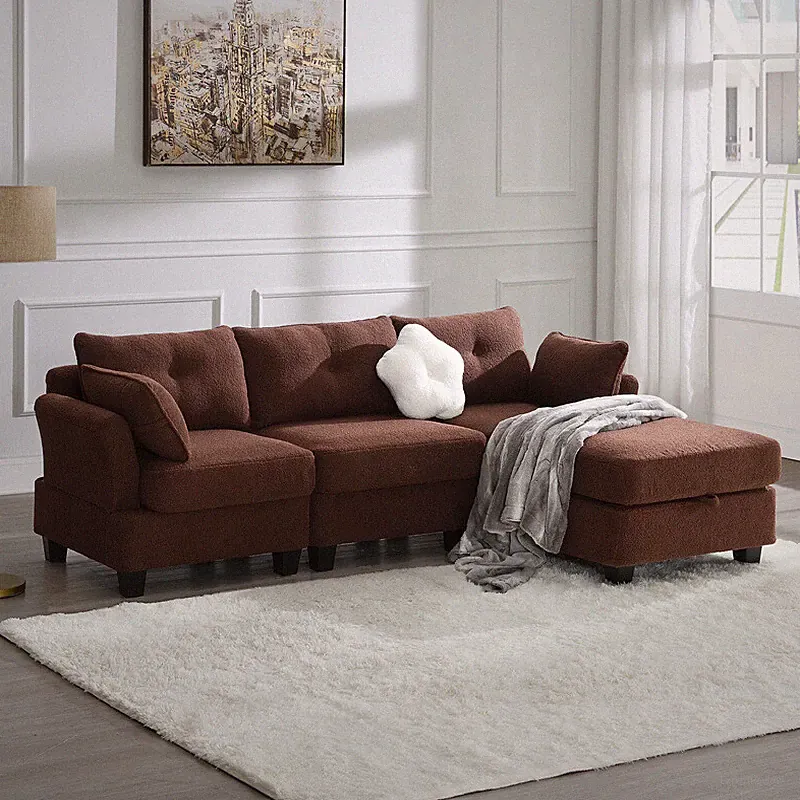 92*63" Teddy Velvet Sectional 4 Seat Sofa Couch & 3 Pillows with Charging Ports