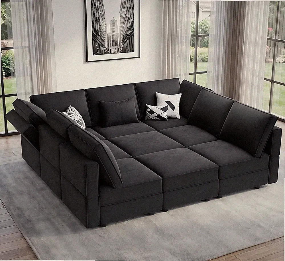 92" 9 Seats Modular Sectional Sleeper Sofa with Storage, Black