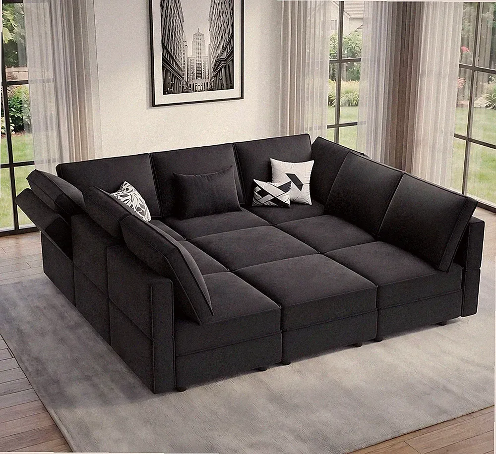 92" 9 Seats Modular Sectional Sleeper Sofa with Storage, Black FSC-certified