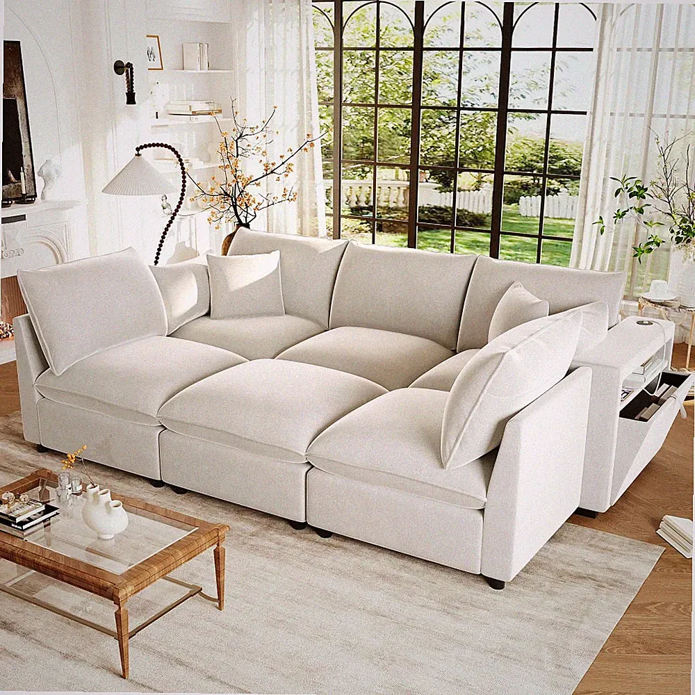 93.7"Chenille Modular U-Shaped Sectional Sofa Movable Ottoman USB Charging Ports