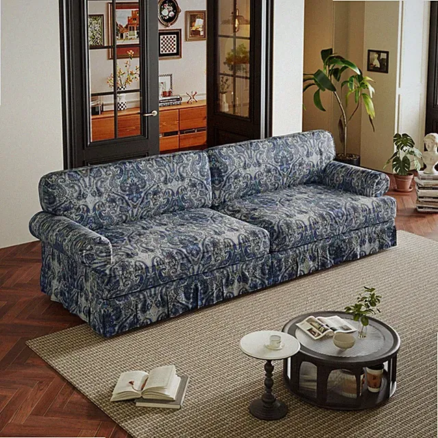 93.7" Cloud Sofa 4-Seater Oxford Blue Floral Couch w/Rolled Arms