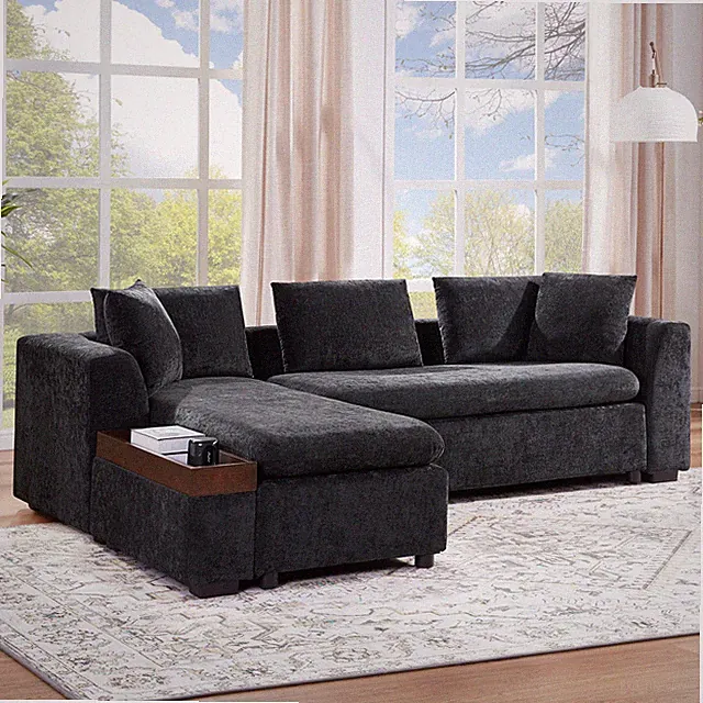 93.7 In Green Chenille L-Shaped Sectional Sofa Upholstered Couch