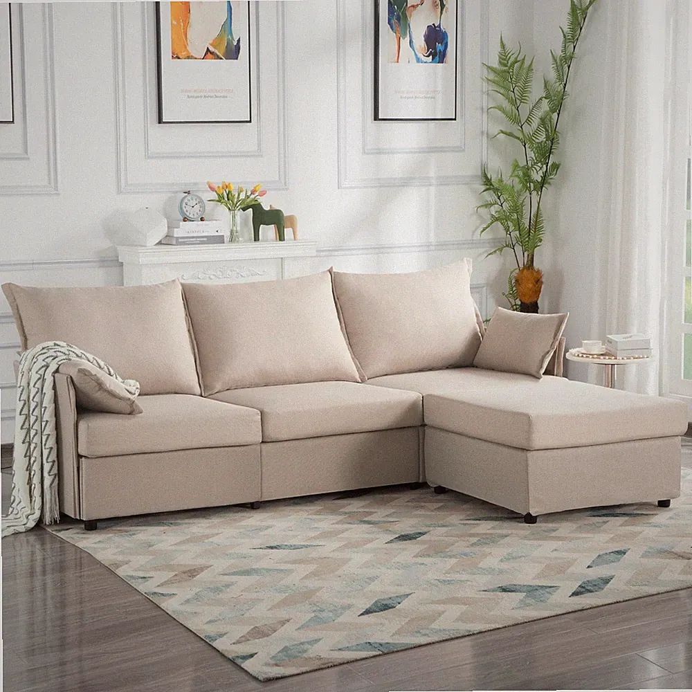 93.7" Modern Sectional Sofa w/Ottoman High-Density Foam 2 Pillows Included Beige