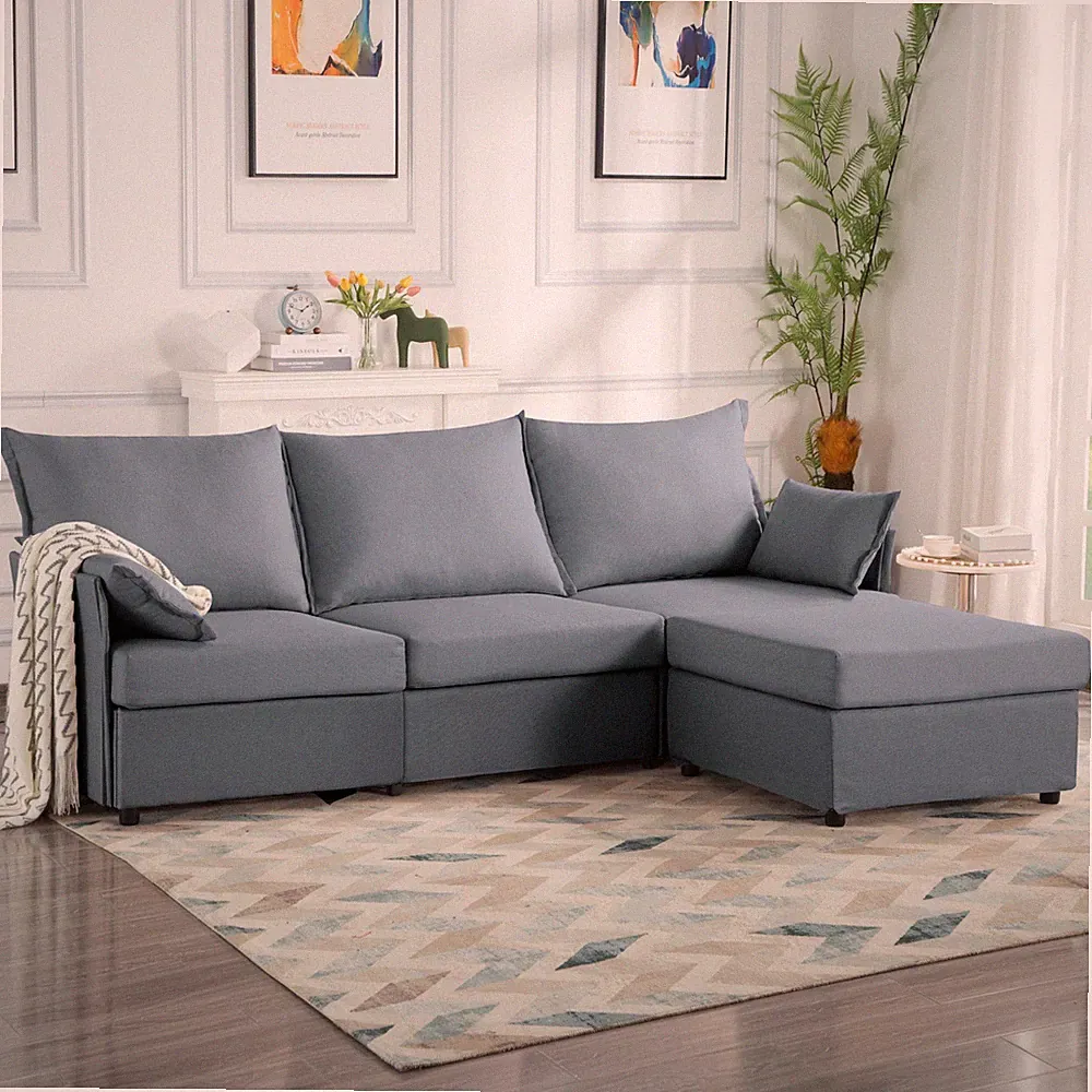 93.7" Modern Sectional Sofa w/Ottoman High-Density Foam 2 Pillows Included Gray