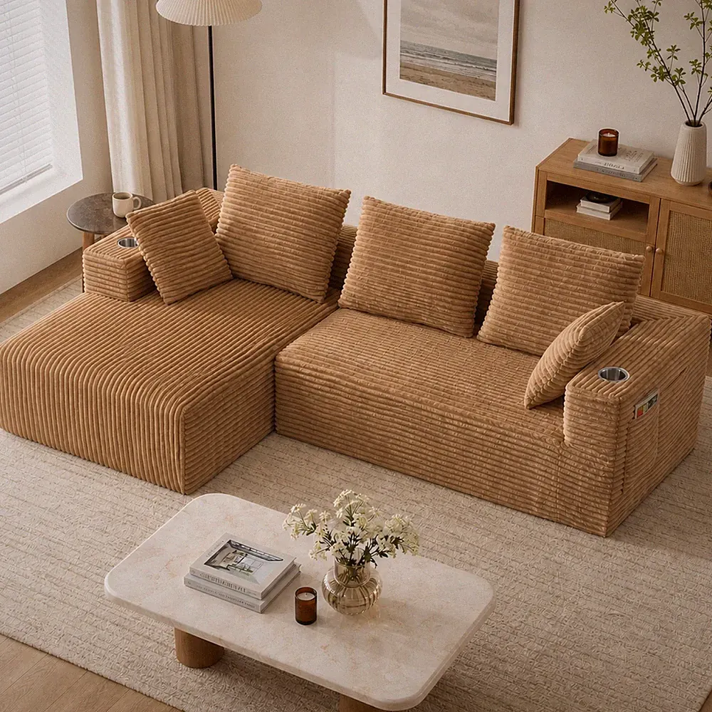 93.7" Modular L-Shaped 4-Seater Sofa Bed with Chaise Lounge, Corduroy Fabric