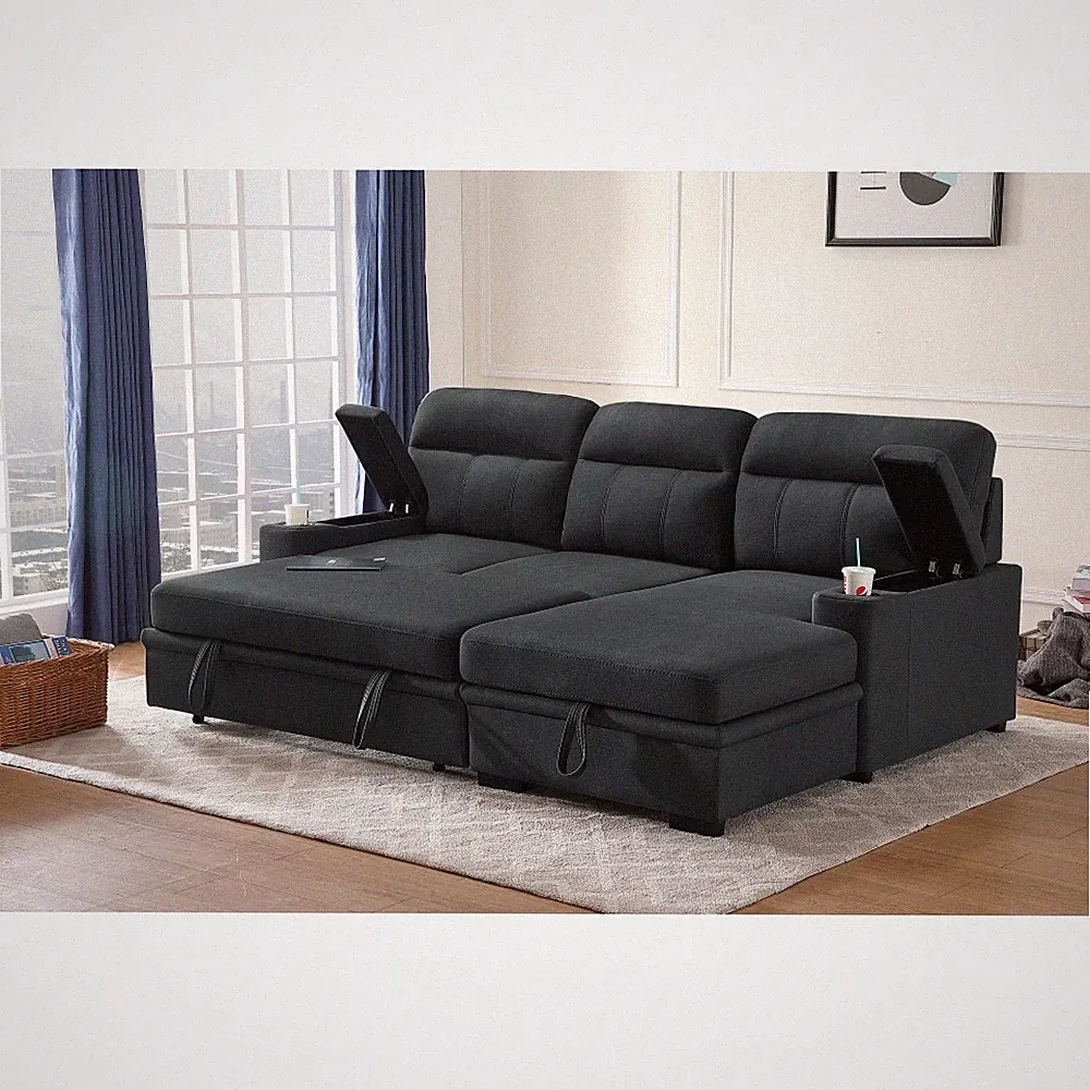 93inch Sleeper Sectional Sofa Bed W/Storage, Right Chaise, Black Microfiber