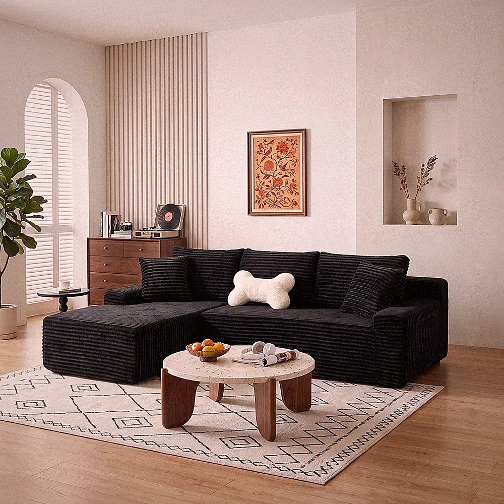 94.06" Left Chaise L-Shaped Corduroy Sectional Sofa Black