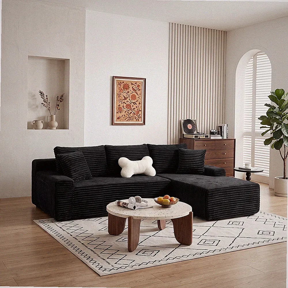 94.06" Right Chaise L-Shaped Cloud Sectional Sofa, Corduroy, Deep Seat, Black