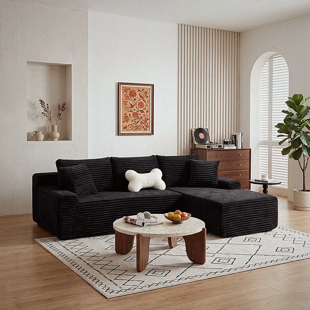 94.06" Right Chaise L-Shaped Sectional Sofa Corduroy Black