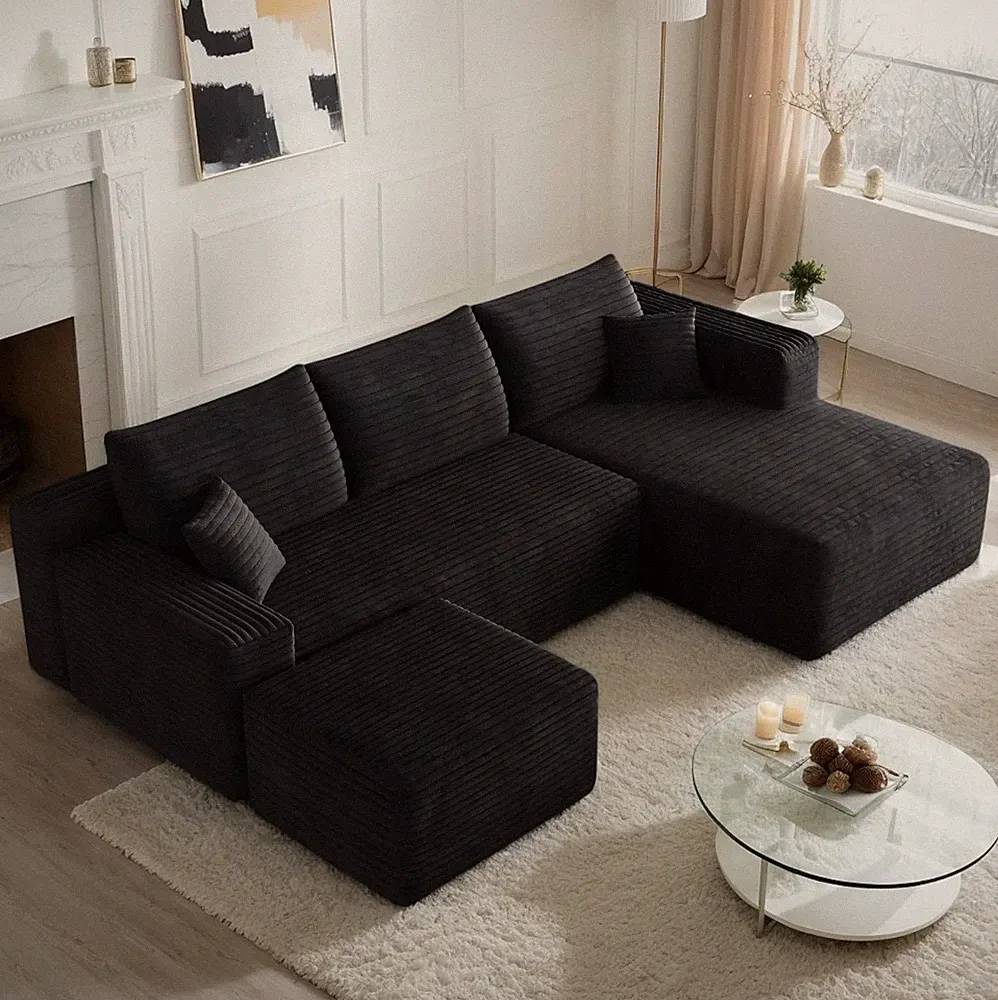 94.1" Corduroy U/L Shaped Modular Sectional, Cloud Couch w/ Ottoman & Pillows