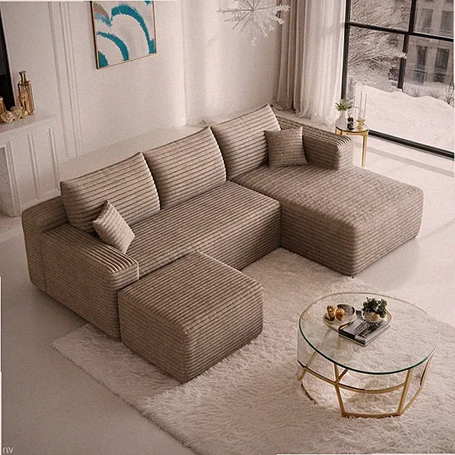 94.1" Corduroy U/L Shaped Modular Sectional, Cloud Couch w/ Ottoman & Pillows