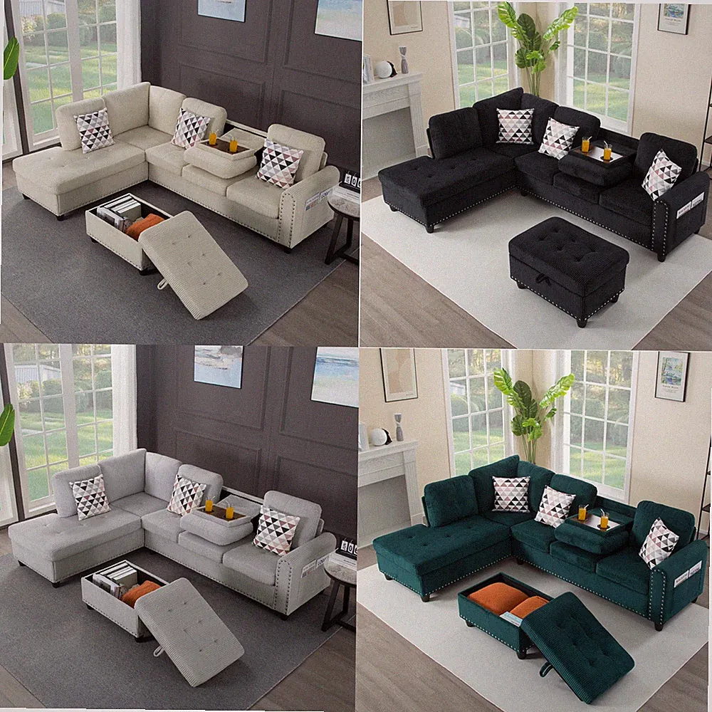 94.49" L-Shaped Modular Sectional Sofa Corduroy w/Storage Ottoman Cup Holders