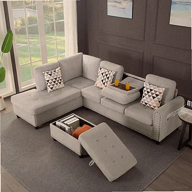 94.49" L-Shaped Modular Sectional Sofa Corduroy w/Storage Ottoman Cup Holders
