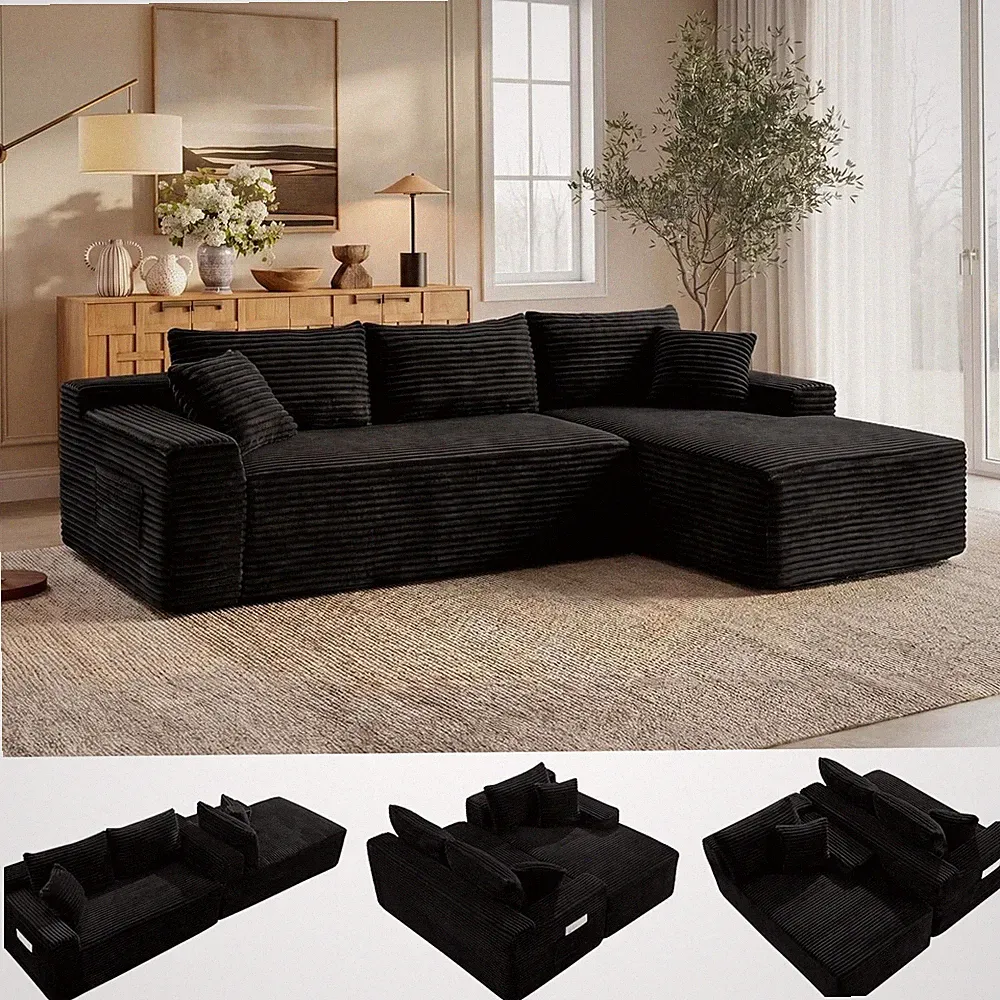 94.5'' Black Oversized Sectional Boneless Couch with Right Face Chaise
