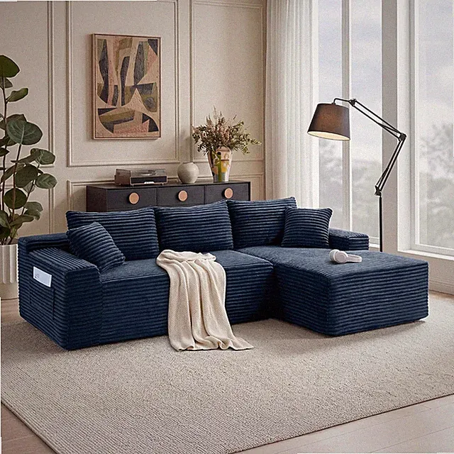 94.5" Boneless Couch with Right Chaise, L Shaped Corner Sofa, Upholstered Cordur