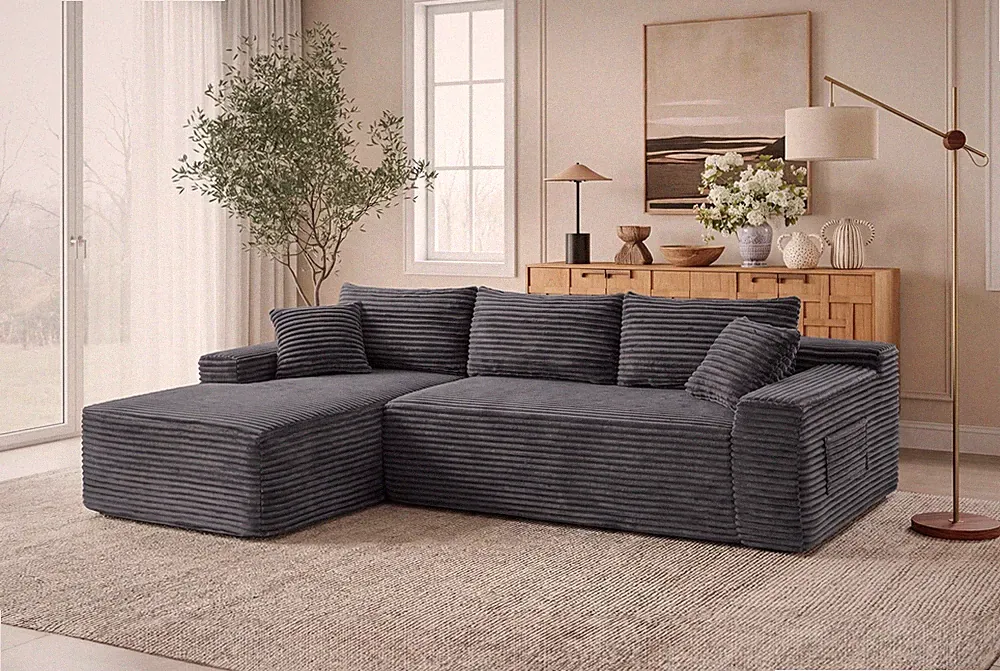 94.5" L-Shape Sectional Sofa with Reversible Chaise, Charcoal Gray Corduroy