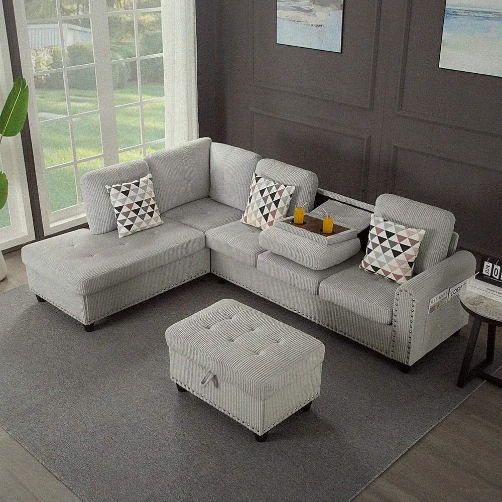 94.5" Light Gray L-Shaped Sectional Sofa Corduroy w/Storage Ottoman & Cup Holder