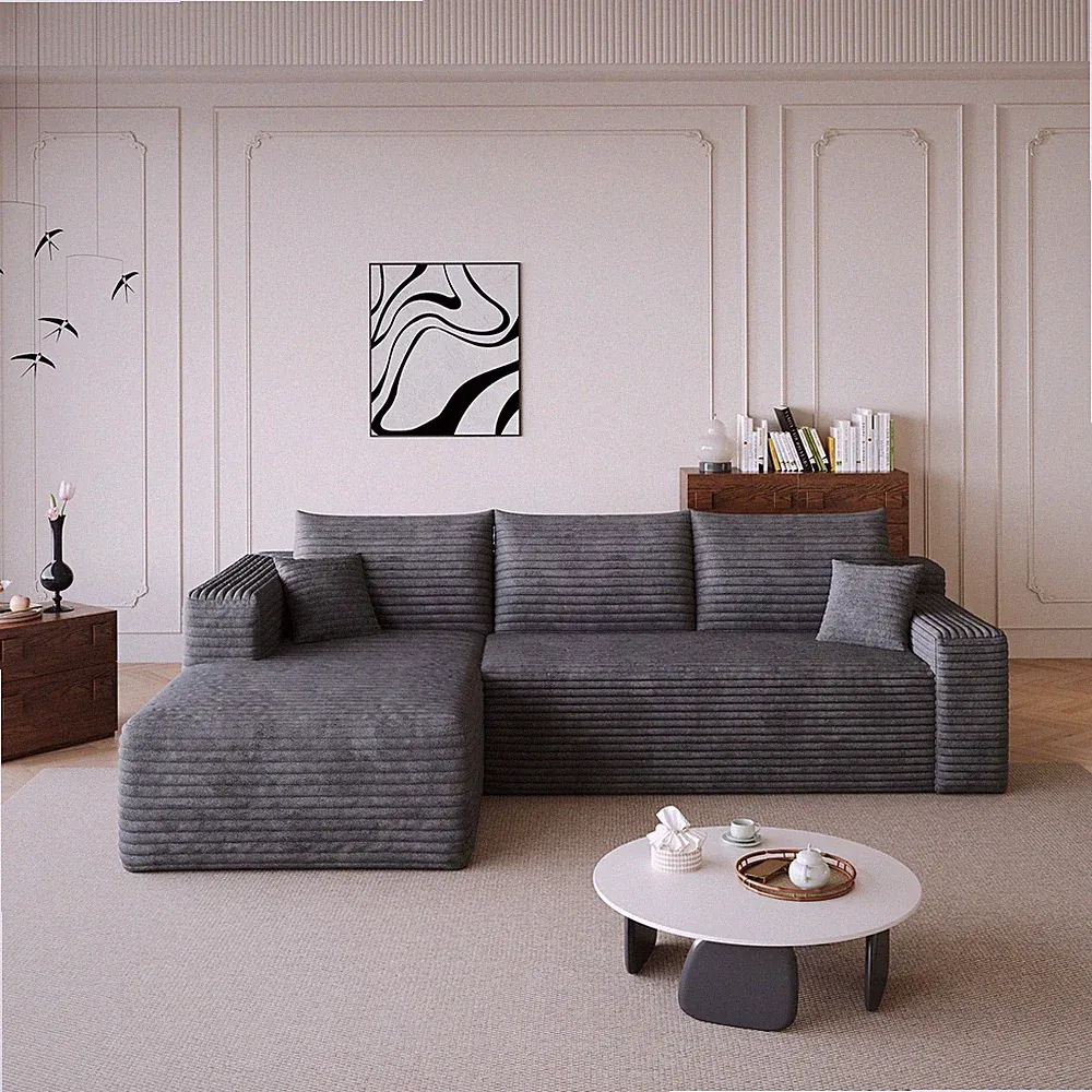 94" Boneless Corduroy L-Shape Cloud Sofa Memory Foam, No Assembly Darkgrey