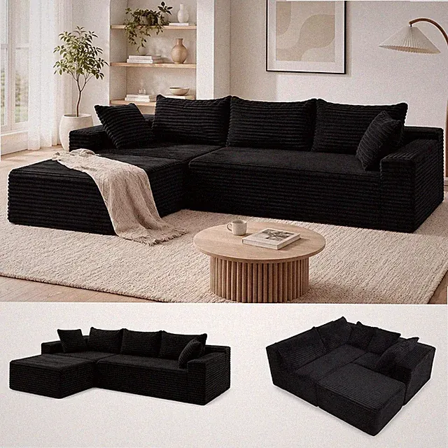 94" Boneless Couch L-Shape Corduroy Sectional Sofa Black