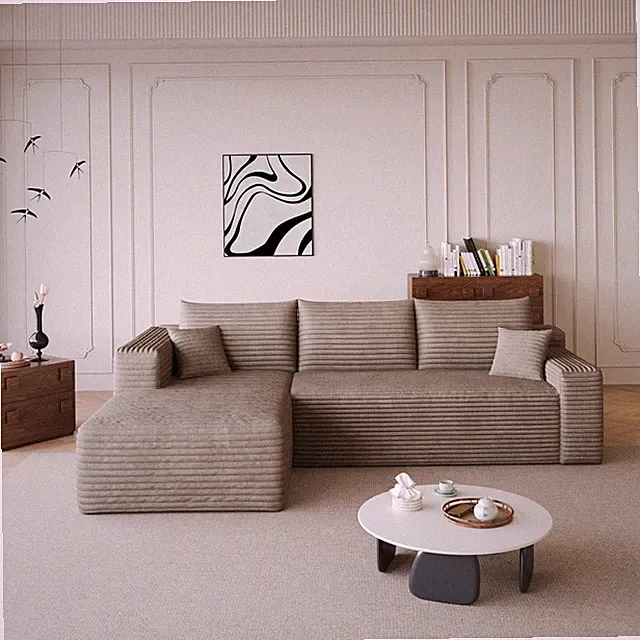 94" Camel Boneless L-Shape Corduroy Cloud Sofa, Memory Foam, No Assembly