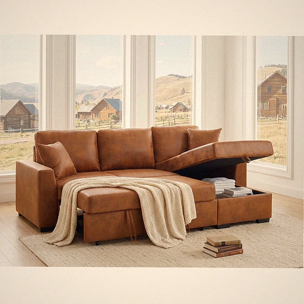 94" Faux Leather Sectional Sofa Bed with Chaise & Storage
