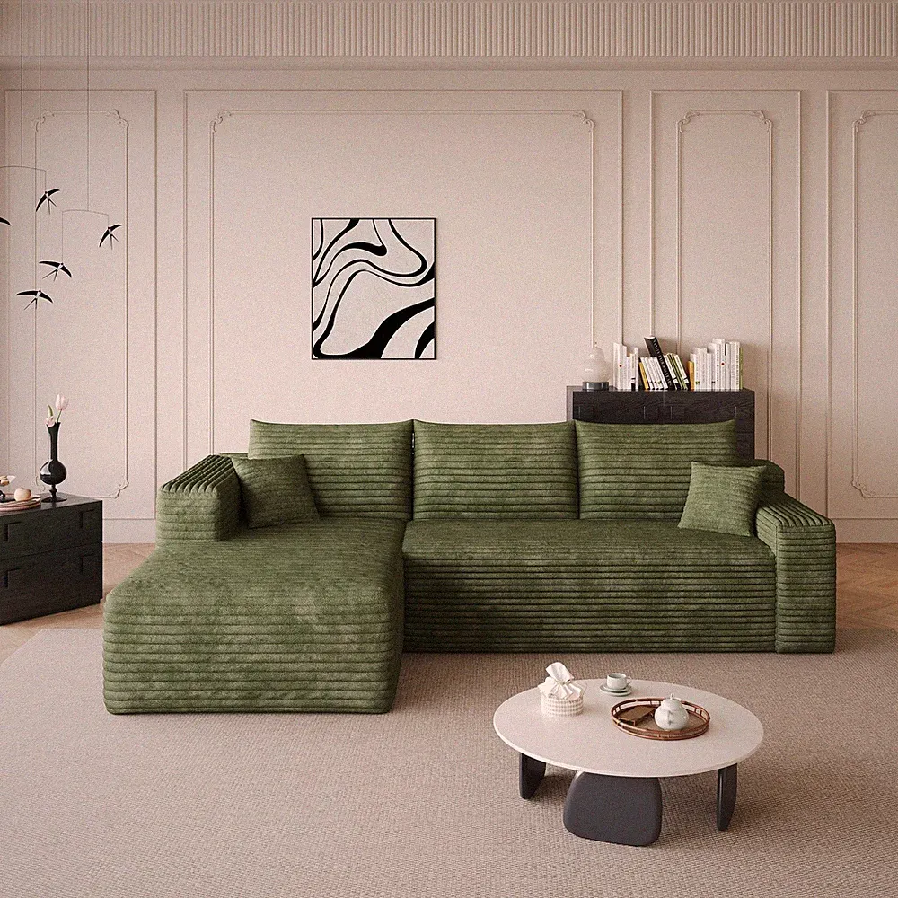 94" Green Boneless L-Shape Corduroy Cloud Sofa, Modular Sectional, Memory Foam