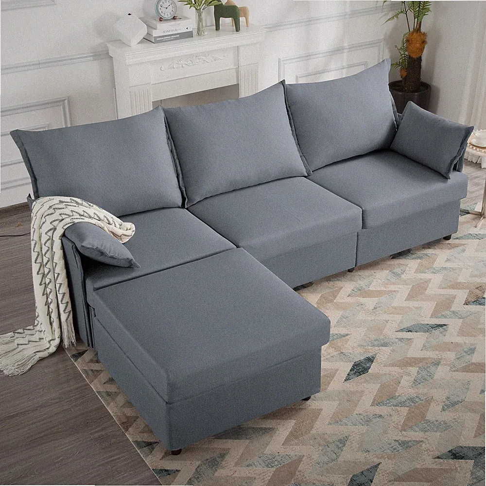 94" Sectional Sofa Ottoman 4-Seat Polyester Removable Cushion Covers Solid Wood