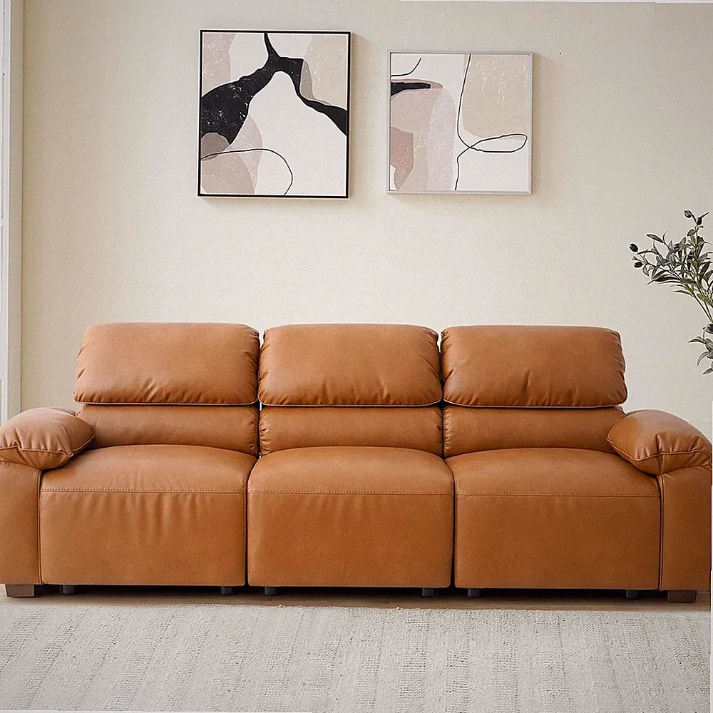 95" 3‑Seater PU Leather Modular Sectional Sofa, Mid‑Century, Brown