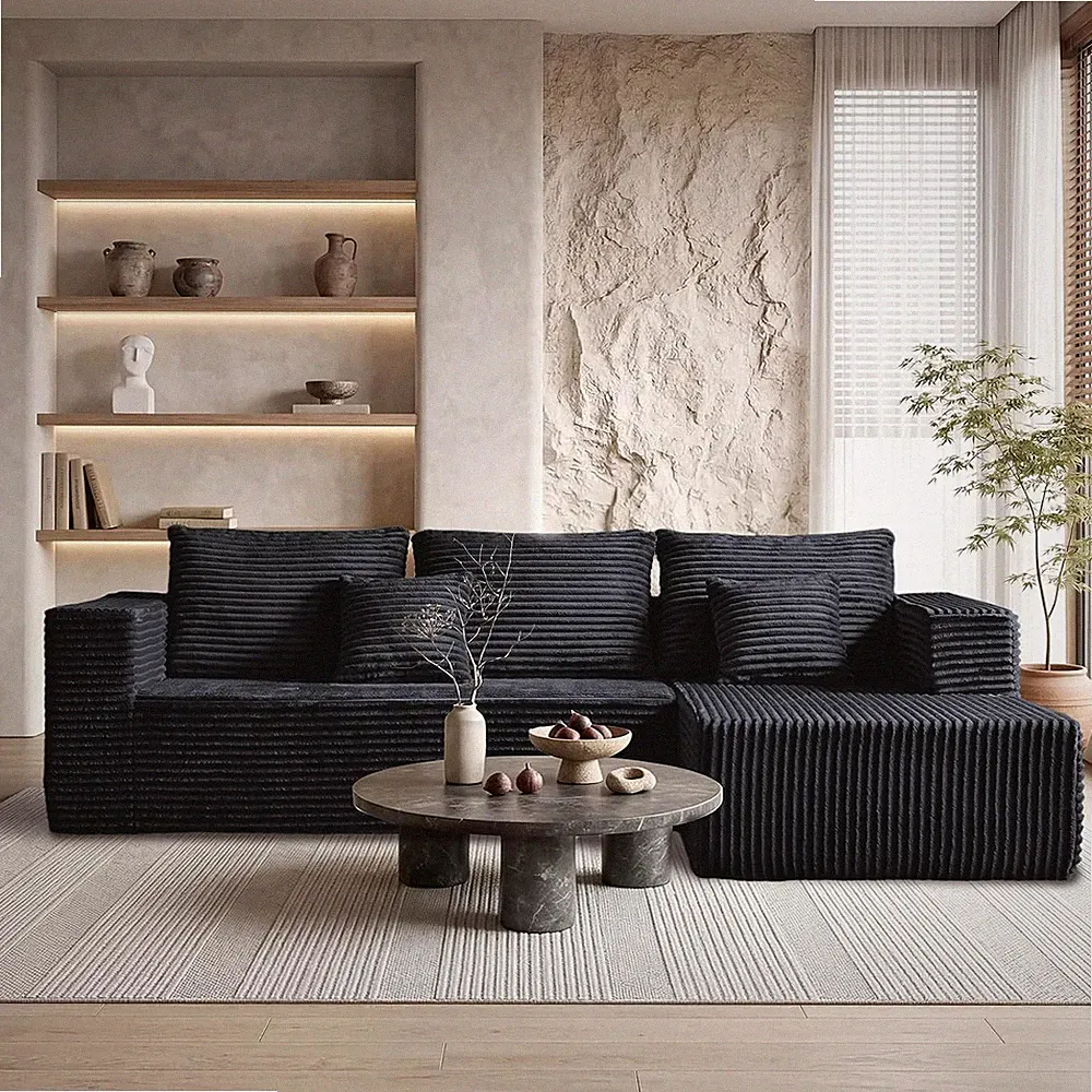 95" Black Corduroy Boneless Modular Sectional Sofa, Cloud-Louch Deep Seat Sofa w