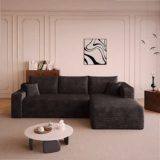 95" Boneless Cloud Sectional Sofa L-Shape Floor Couch Corduroy No Assembly Black
