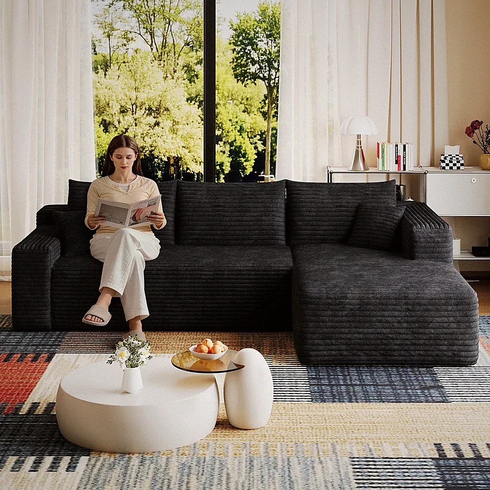 95" Cloud Sectional Sofa, Modern Minimalist U-Shaped Corner Couch, Black
