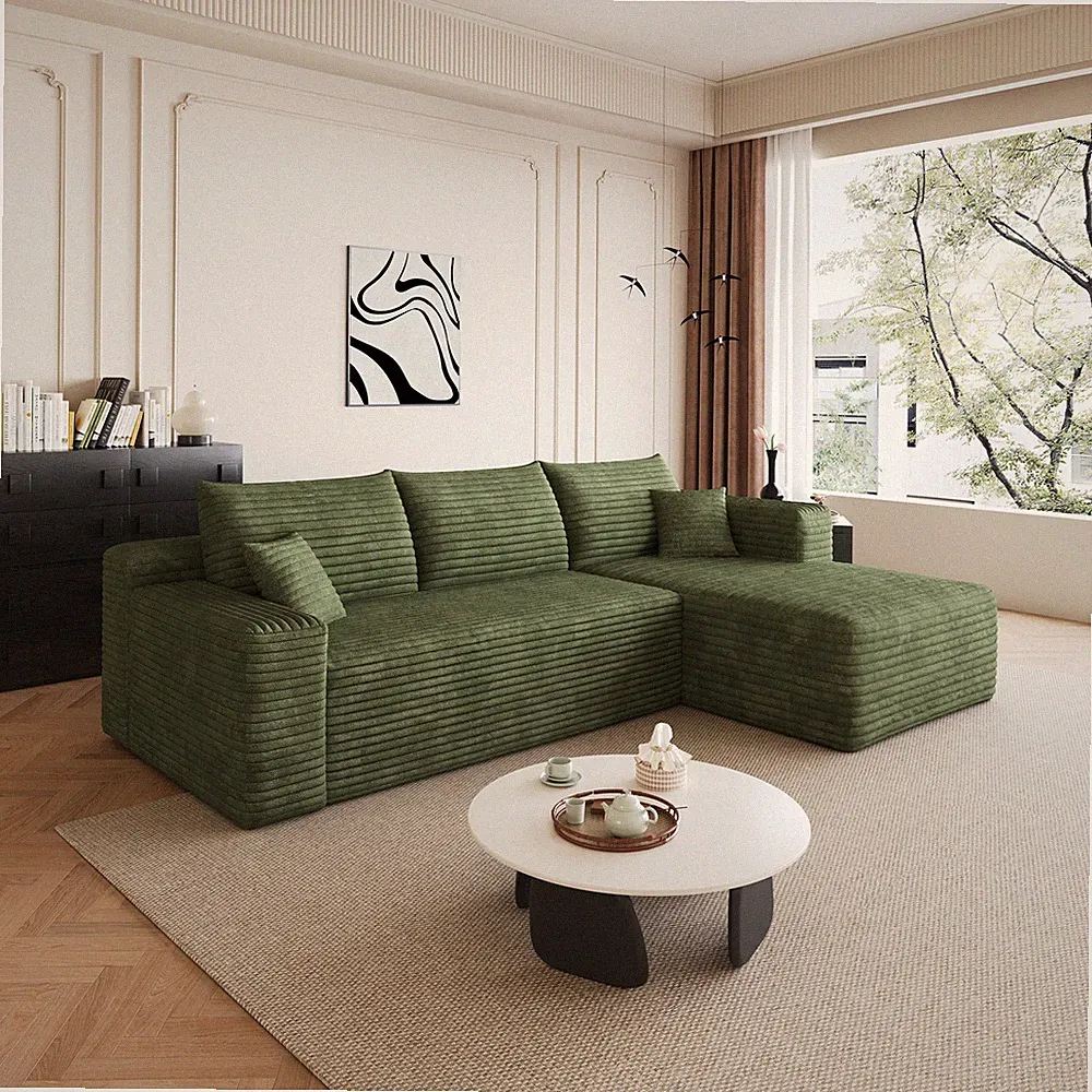 95" Cloud Sectional Sofa, Modern Uphaped Corner Couch, Green Plush Corduroy