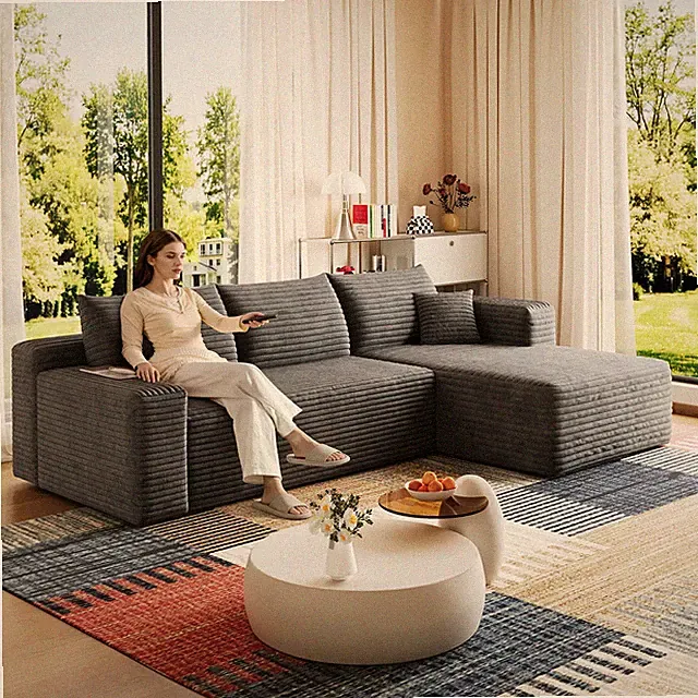 95" Cloud Sectional Sofa, Plush Corduroy Fabric, Dark Grey, No Assembly