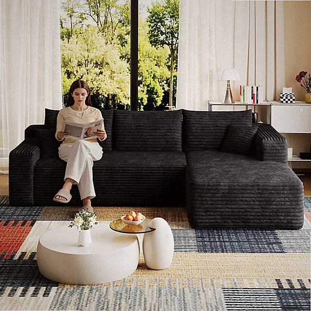 95" Cloud Sectional Sofa, U-Shaped, Corduroy, Black, No Assembly Required