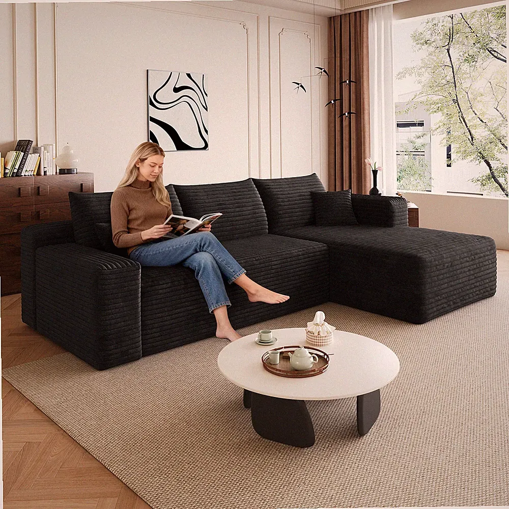 95" Cloud Sectional Sofa, U-Shaped Corner Couch, Black Plush Corduroy
