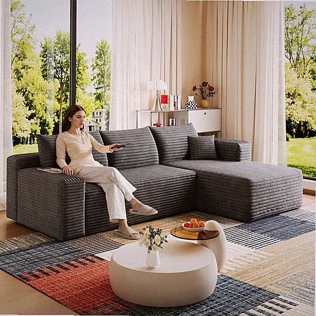 95" Cloud Sectional Sofa, U Shaped Corner Couch, Dark Grey Corduroy