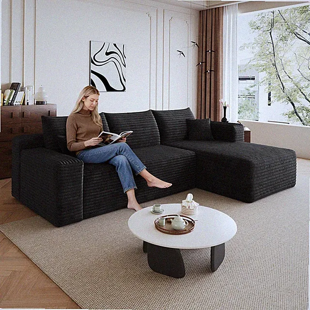 95" Cloud Sectional Sofa, U-Shaped Corner Couch, Plush Corduroy Fabric, Black