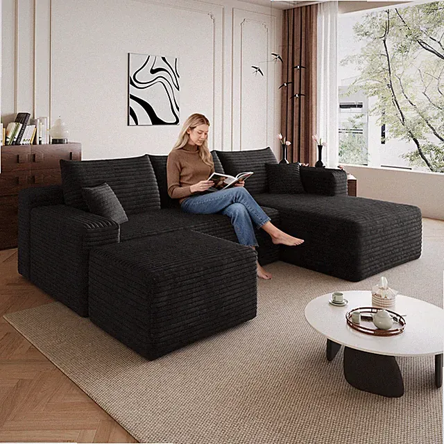 95" Cloud Sectional Sofa w/1 Ottoman,Modern Minimalist Upholstered Couches,C