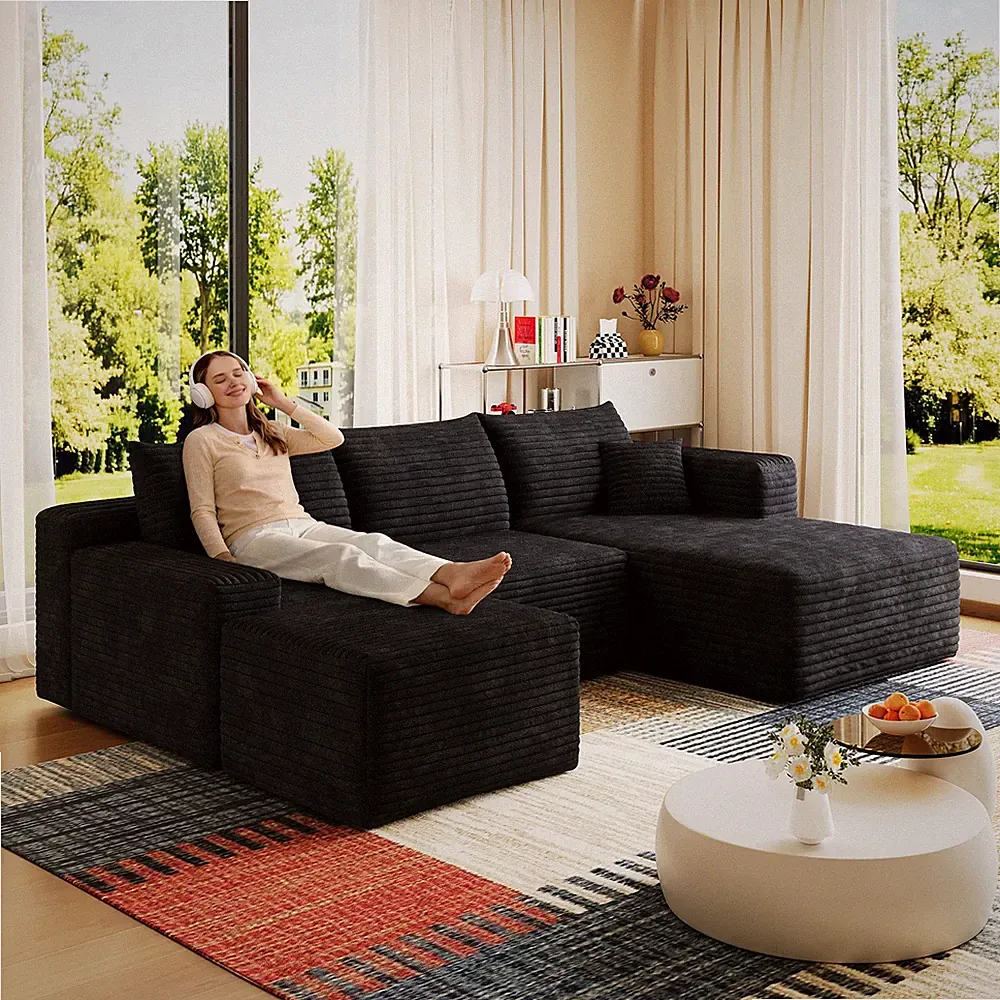 95" Cloud Sectional Sofa w/1 Ottoman,Modern Minimalist Upholstered Couches,Co