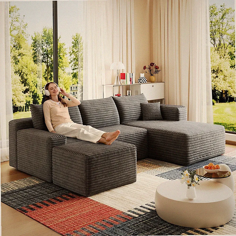 95" Cloud Sectional Sofa w/1 Ottoman,Modern Minimalist Upholstered Couches,Com