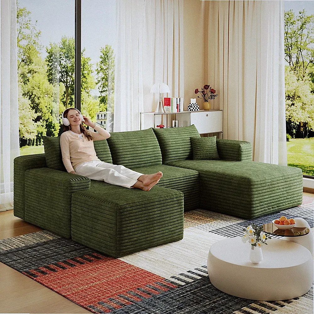 95" Cloud Sectional Sofa w/1 Ottoman,Modern Minimalist Upholstered Couches,Comfo
