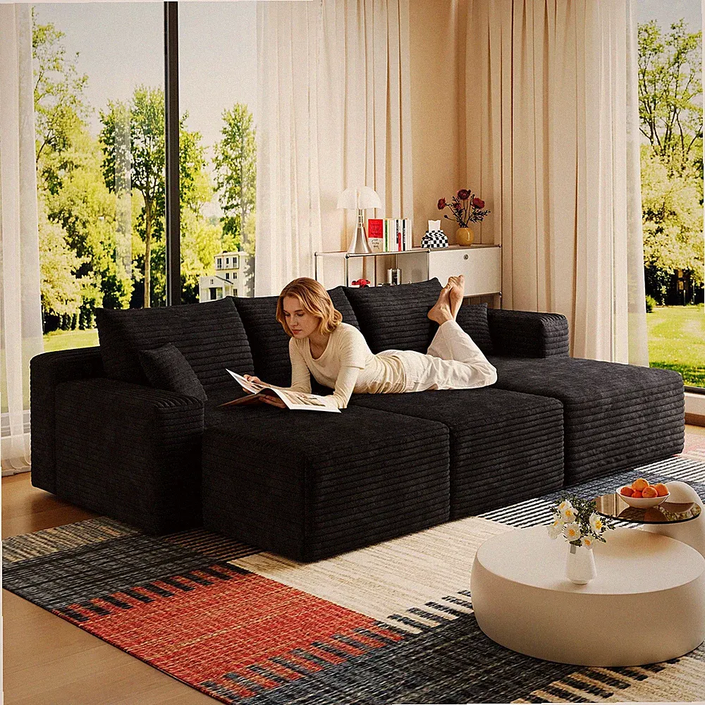 95" Cloud Sectional Sofa w/2 Ottoman,Modern Minimalist Upholstered Couches,Co