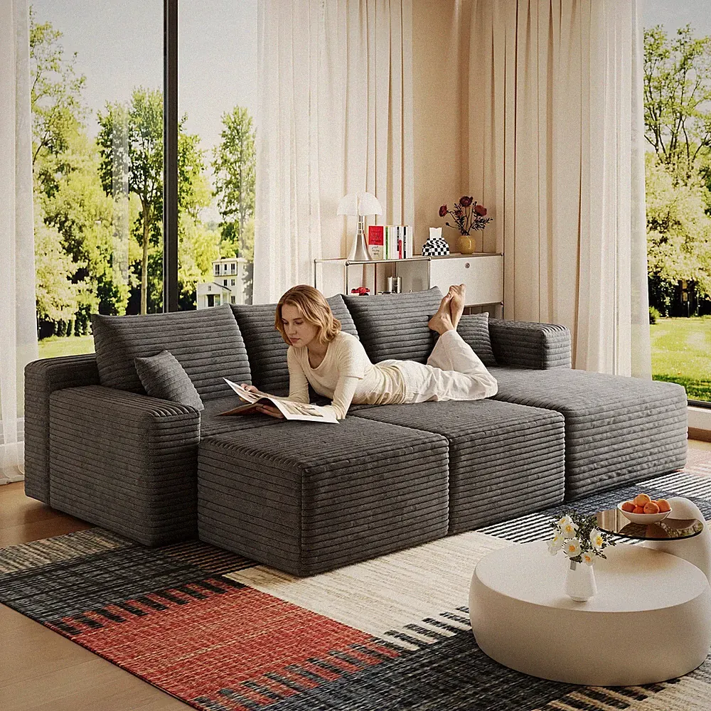 95" Cloud Sectional Sofa w/2 Ottoman,Modern Minimalist Upholstered Couches,Com