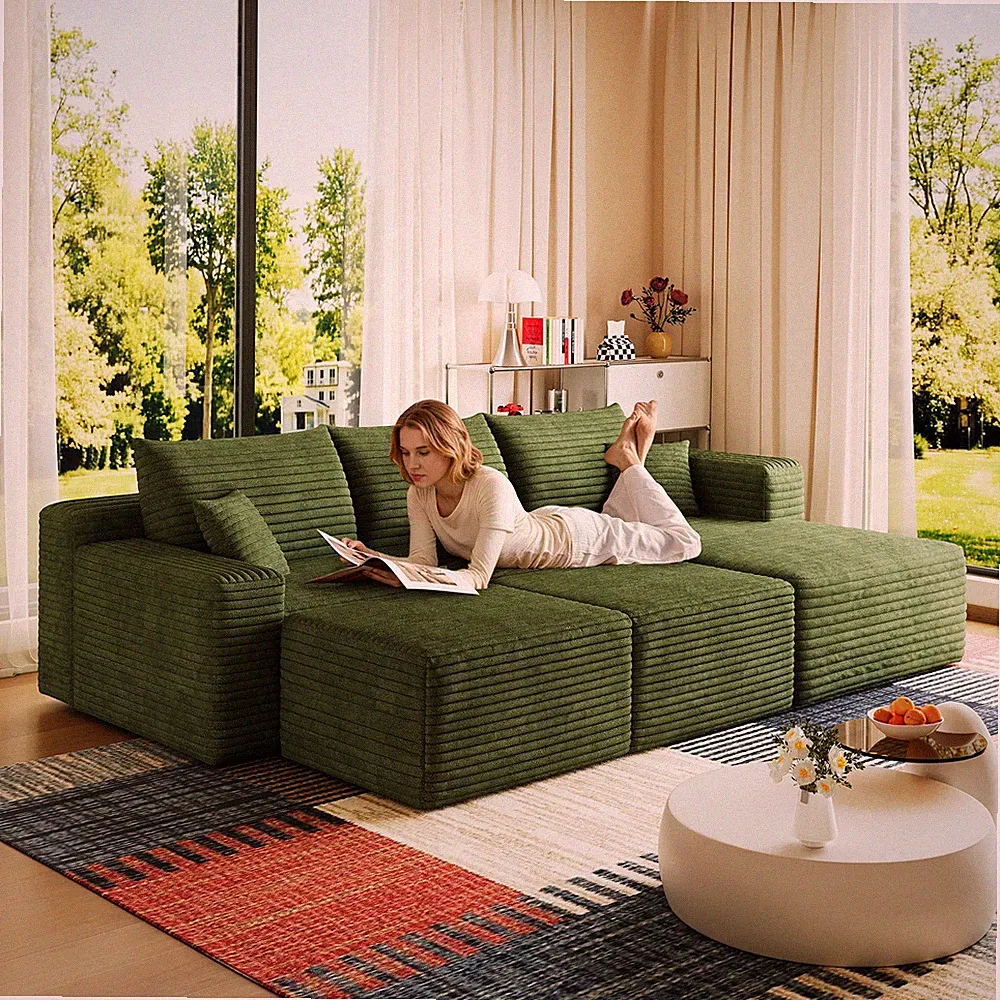 95" Cloud Sectional Sofa w/2 Ottoman,Modern Minimalist Upholstered Couches,Comfo