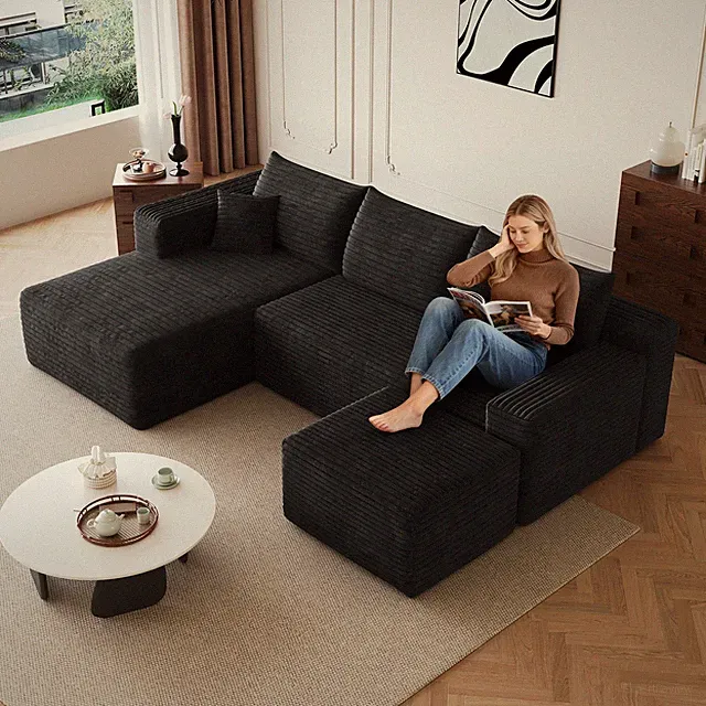95" Cloud Sectional Sofa w/Left Chaise U Shaped Sofa Couch w/1 Ottoman Black