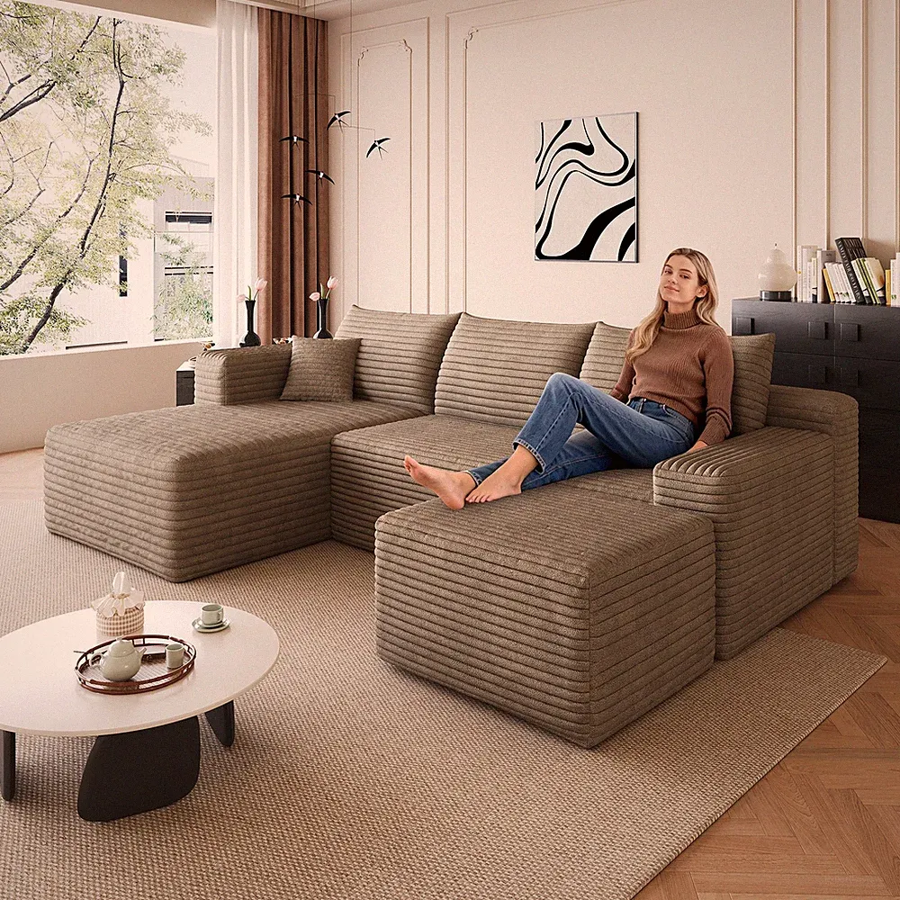 95" Cloud Sectional Sofa w/Left Chaise U Shaped Sofa Couch w/1 Ottoman Camel