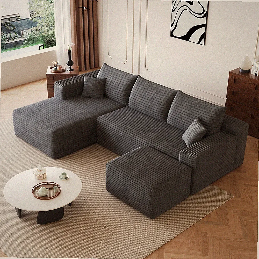 95" Cloud Sectional Sofa w/Left Chaise U Shaped Sofa Couch w/1 Ottoman Gray