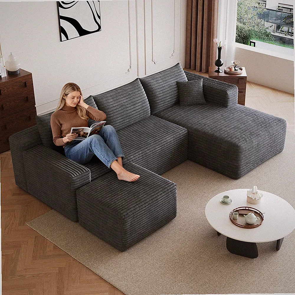 95" Cloud Sectional Sofa w/Right Chaise U Shaped Sofa Couch w/1 Ottoman Gray