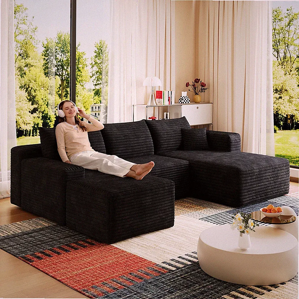 95" Cloud Sectional Sofa with 1 Ottoman,Modern Minimalist Upholstered Couches, C