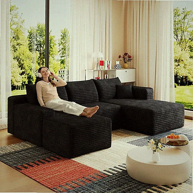 95" Cloud Sectional Sofa with 1 Ottoman,Modern Minimalist Upholstered Couches